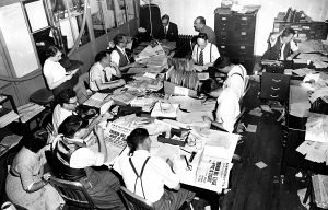 A scene from The San Francisco Chronicle newsroom from November 1948.